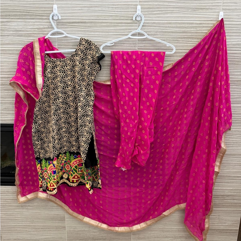 Pink and Black Embroidered Kurta Set